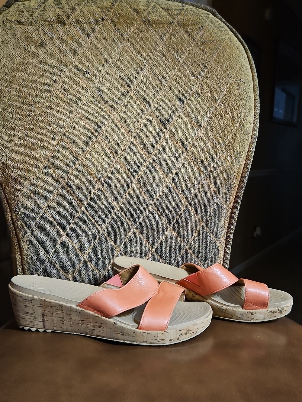 Crocs A-Leigh Mini Wedge Slip On Slides Sandals Shoes Coral Pink Tan Leather